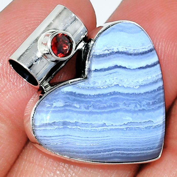 Heart - Blue Lace Agate and Garnet Pendant SDP151868 P-1300, 22x25 mm