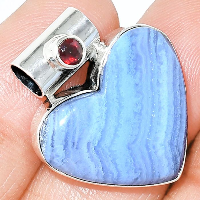 Heart - Blue Lace Agate and Garnet Pendant SDP151875 P-1300, 21x24 mm