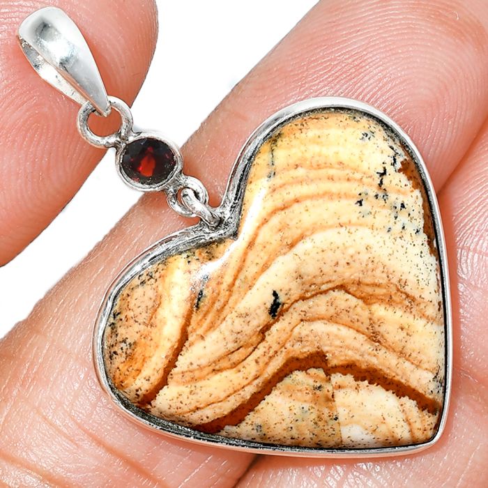 Heart - Picture Jasper and Garnet Pendant SDP151945 P-1098, 25x27 mm