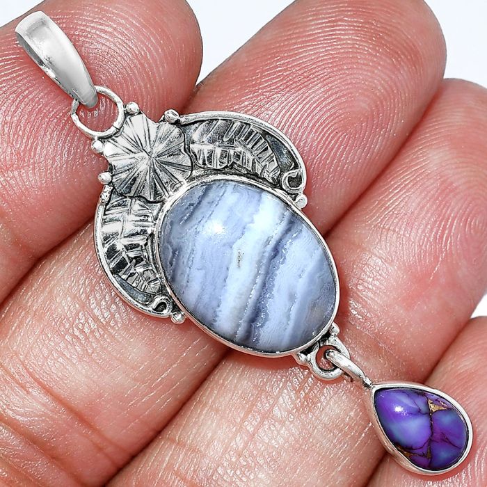 Blue Lace Agate and Copper Purple Turquoise Pendant SDP152002 P-1413, 12x16 mm