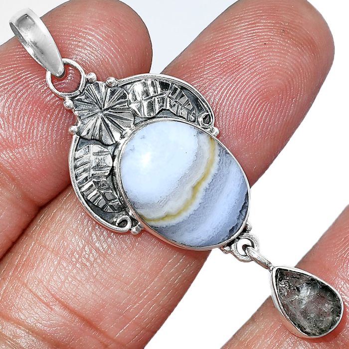 Blue Lace Agate and Aquamarine Rough Pendant SDP152009 P-1413, 12x16 mm