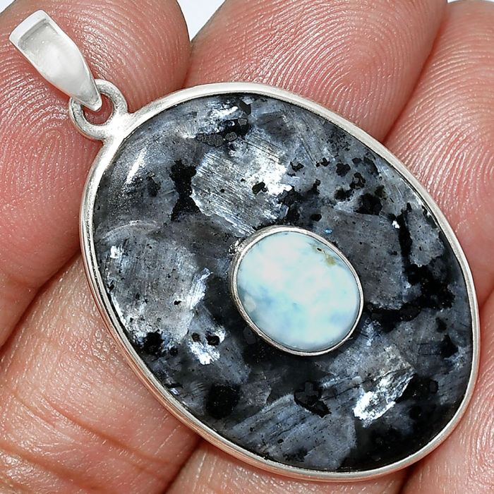 Larvikite Stone - Black Moonstone and Larimar (Dominican Republic) Pendant SDP152187 P-1323, 24x33 mm