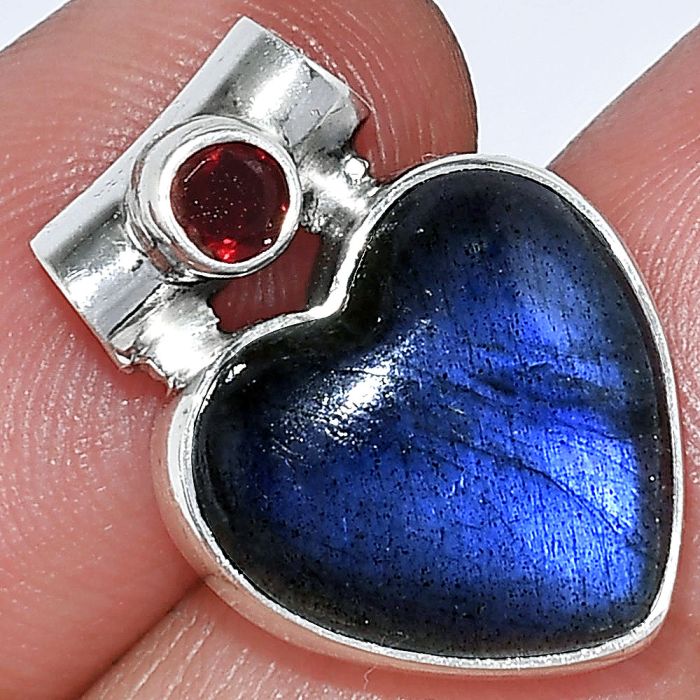 Heart - Blue Fire Labradorite and Garnet Pendant SDP152264 P-1300, 15x15 mm