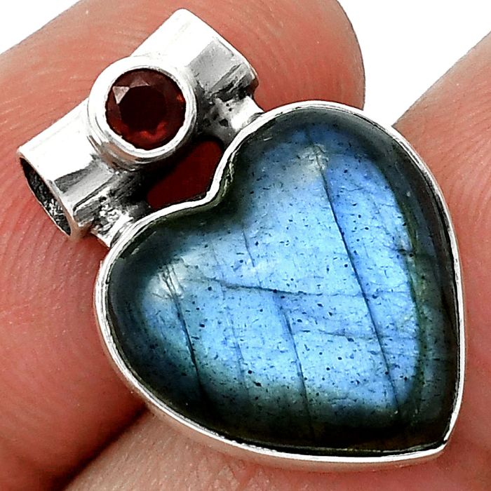 Heart - Blue Fire Labradorite and Garnet Pendant SDP152269 P-1300, 15x16 mm