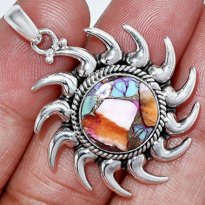 Sun - Kingman Orange Dahlia Turquoise Pendant SDP152520 P-1264, 14x14 mm