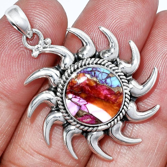 Sun - Kingman Orange Dahlia Turquoise Pendant SDP152532 P-1264, 13x13 mm