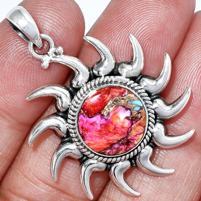 Sun - Kingman Orange Dahlia Turquoise Pendant SDP152546 P-1264, 13x13 mm