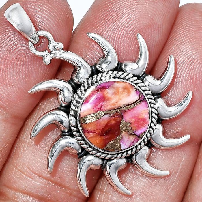 Sun - Kingman Orange Dahlia Turquoise Pendant SDP152552 P-1264, 13x13 mm