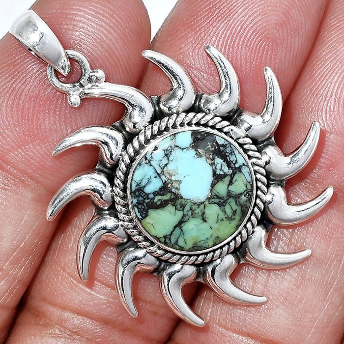 Sun - Lucky Charm Tibetan Turquoise Pendant SDP152567 P-1264, 14x14 mm