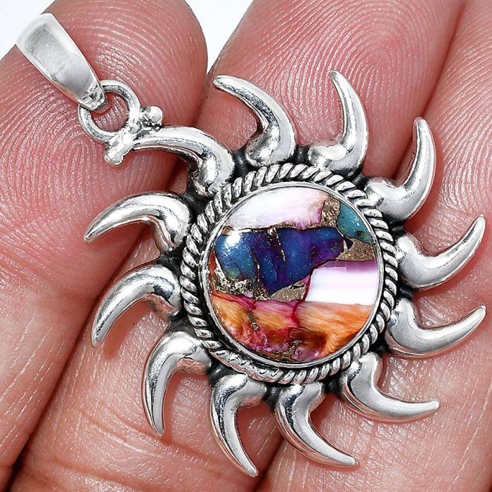 Sun - Kingman Orange Dahlia Turquoise Pendant SDP152574 P-1264, 13x13 mm