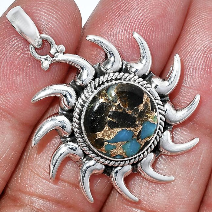 Sun - Shell In Black Blue Turquoise Pendant SDP152581 P-1264, 14x14 mm