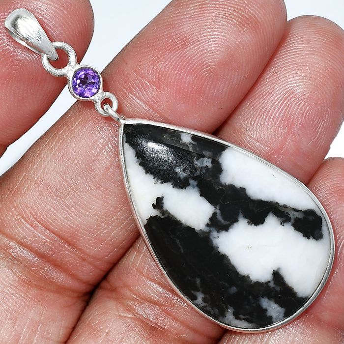 Black Zebra Jasper and Amethyst Pendant SDP152586 P-1098, 21x35 mm