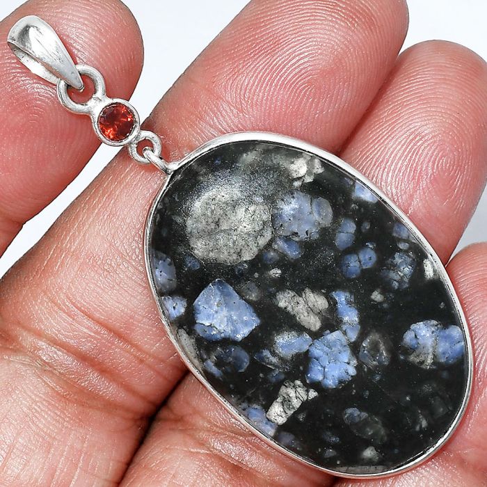 Llanite Blue Opal Crystal Sphere and Garnet Pendant SDP152587 P-1098, 25x37 mm