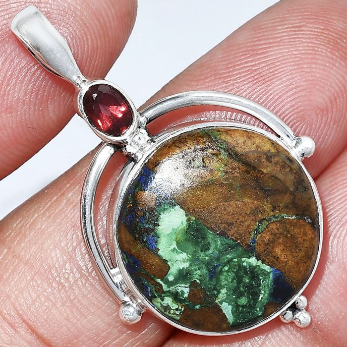 Azurite Chrysocolla and Garnet Pendant SDP152605 P-1175, 20x20 mm