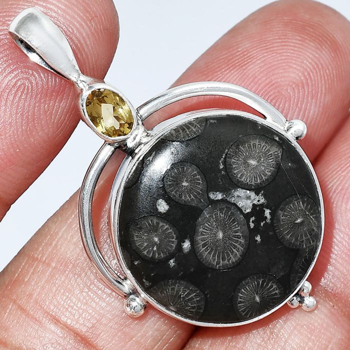 Black Flower Fossil Coral and Citrine Pendant SDP152607 P-1175, 21x21 mm