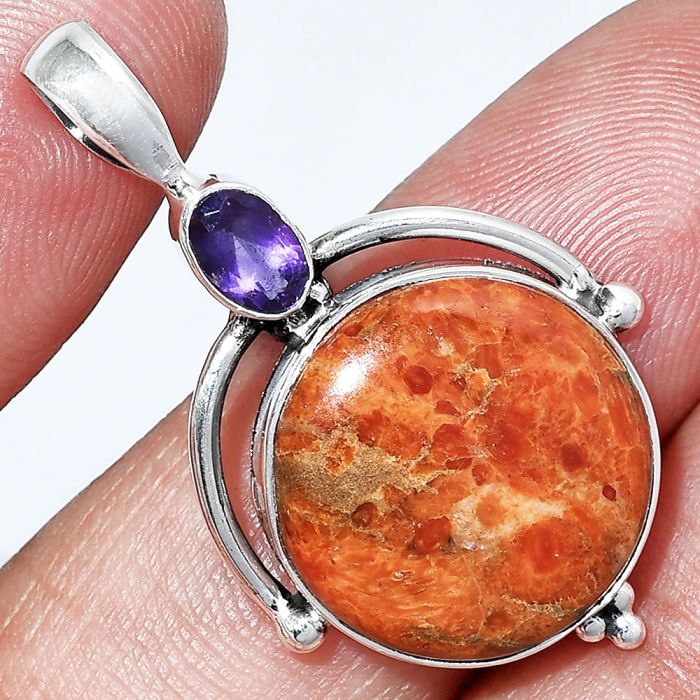 Red Sponge Coral and Amethyst Pendant SDP152623 P-1175, 17x17 mm