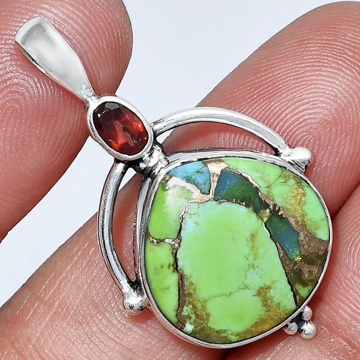 Blue Turquoise In Green Mohave and Garnet Pendant SDP152631 P-1175, 18x18 mm