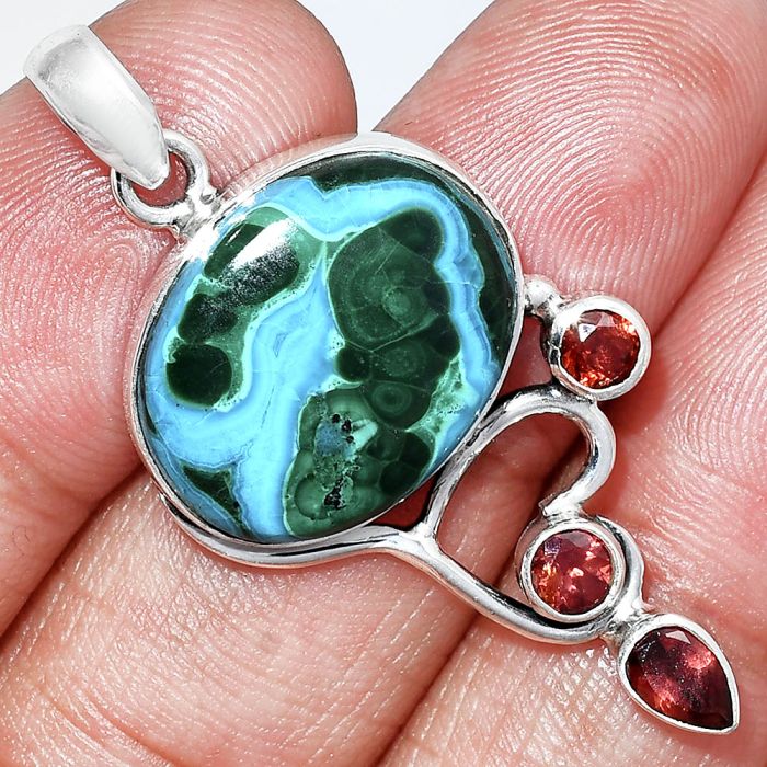 Azurite In Malachite and Garnet Pendant SDP152645 P-1293, 15x19 mm