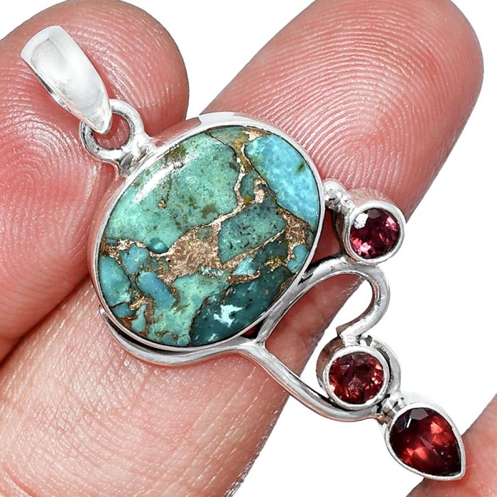 Kingman Copper Teal Turquoise and Garnet Pendant SDP152664 P-1293, 13x17 mm