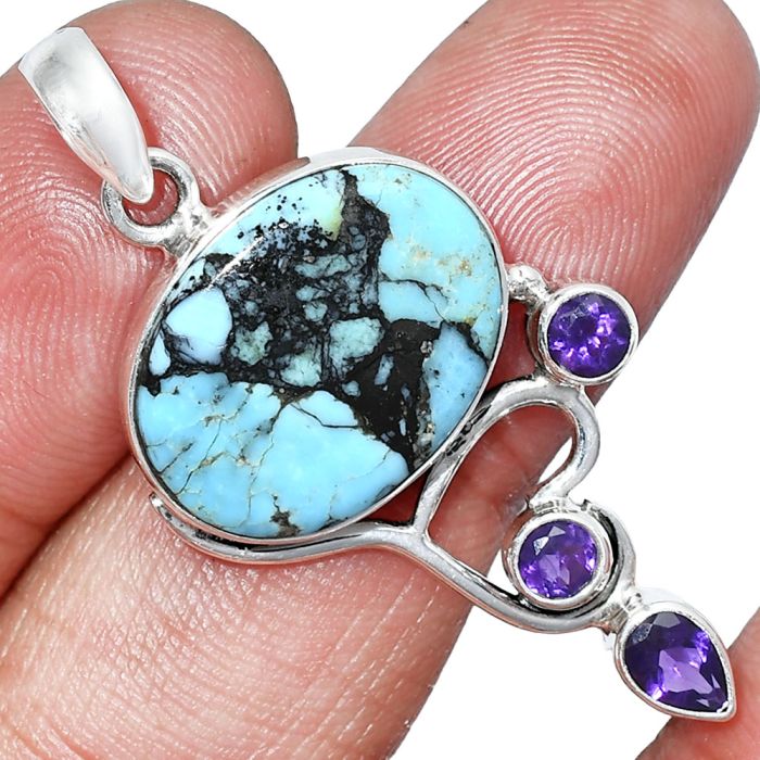 Lucky Charm Tibetan Turquoise and Amethyst Pendant SDP152667 P-1293, 14x19 mm