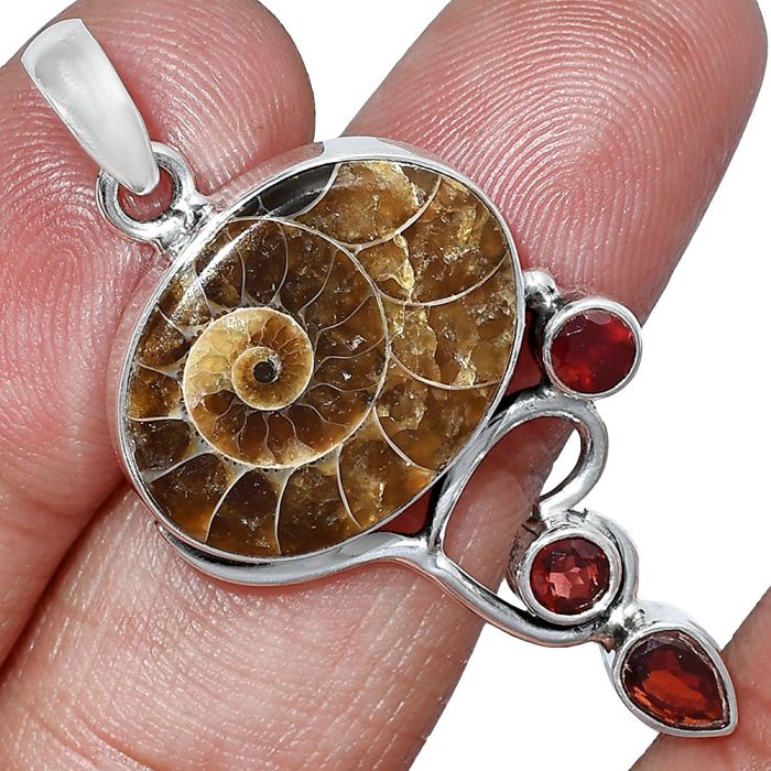 Fossil Ammonite and Garnet Pendant SDP152673 P-1293, 15x20 mm