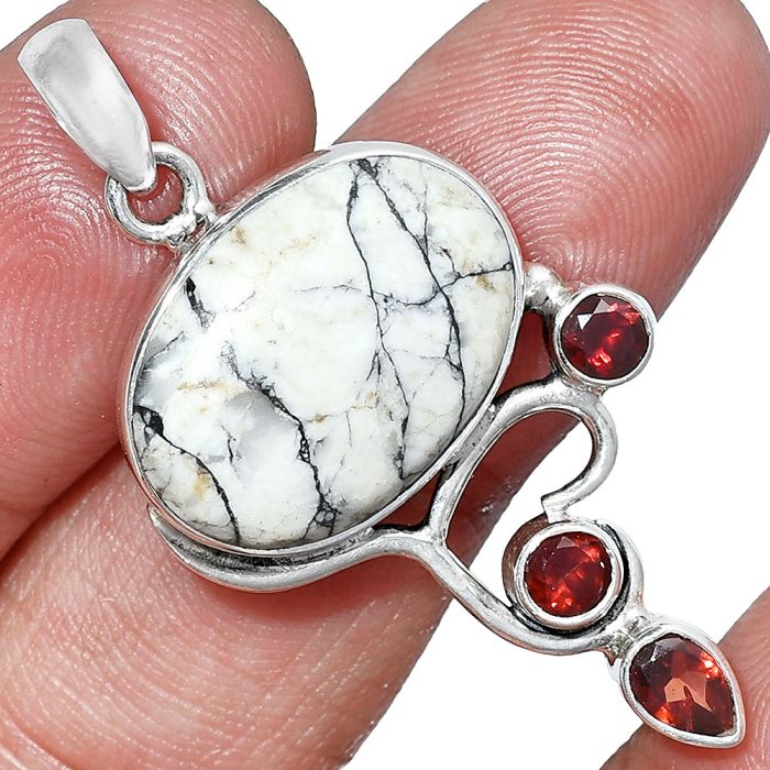 Authentic White Buffalo Turquoise Nevada and Garnet Pendant SDP152674 P-1293, 14x19 mm