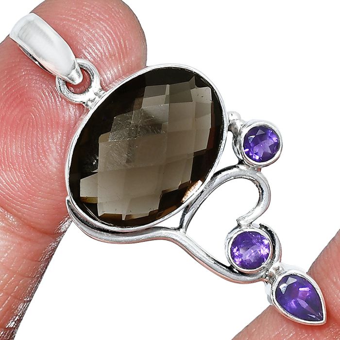 Smoky Quartz Checker Briolette and Amethyst Pendant SDP152679 P-1293, 13x18 mm