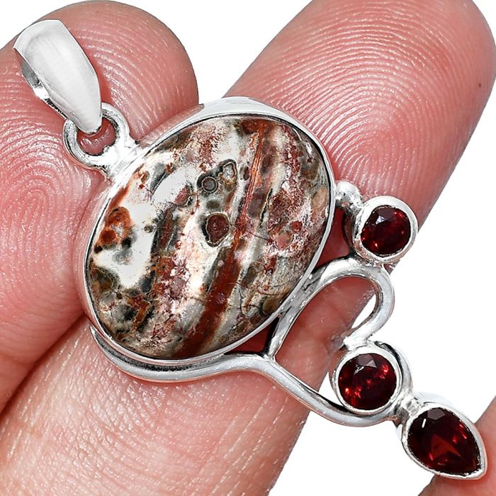 Leopard Skin Jasper and Garnet Pendant SDP152686 P-1293, 14x19 mm