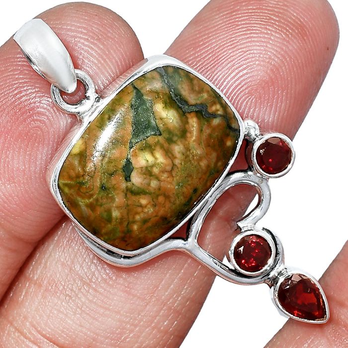 Rhyolite - Rainforest Jasper and Garnet Pendant SDP152696 P-1293, 14x19 mm