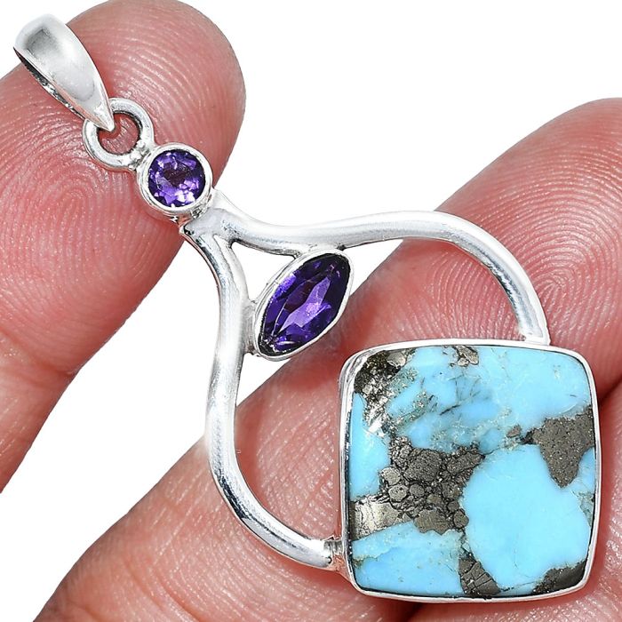 Kingman Turquoise With Pyrite and Amethyst Pendant SDP152729 P-1187, 16x16 mm