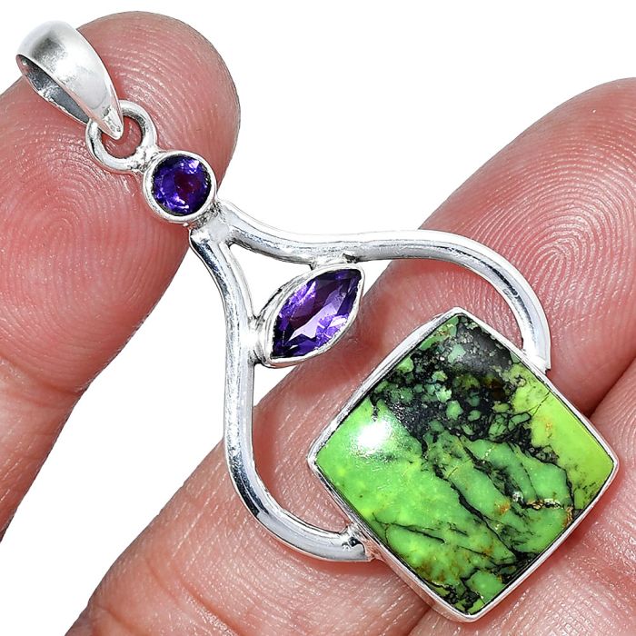 Green Matrix Turquoise and Amethyst Pendant SDP152730 P-1187, 15x15 mm