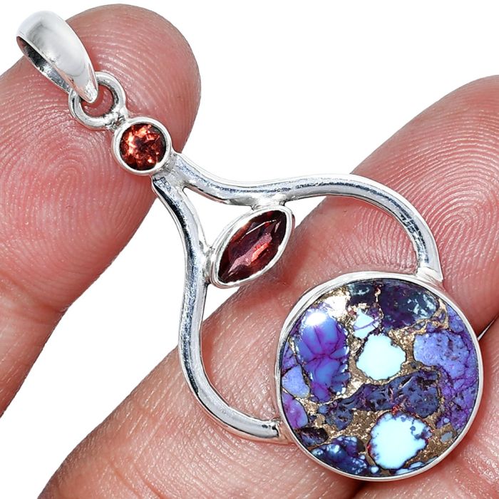 Kingman Purple Dahlia Turquoise and Garnet Pendant SDP152732 P-1187, 16x16 mm