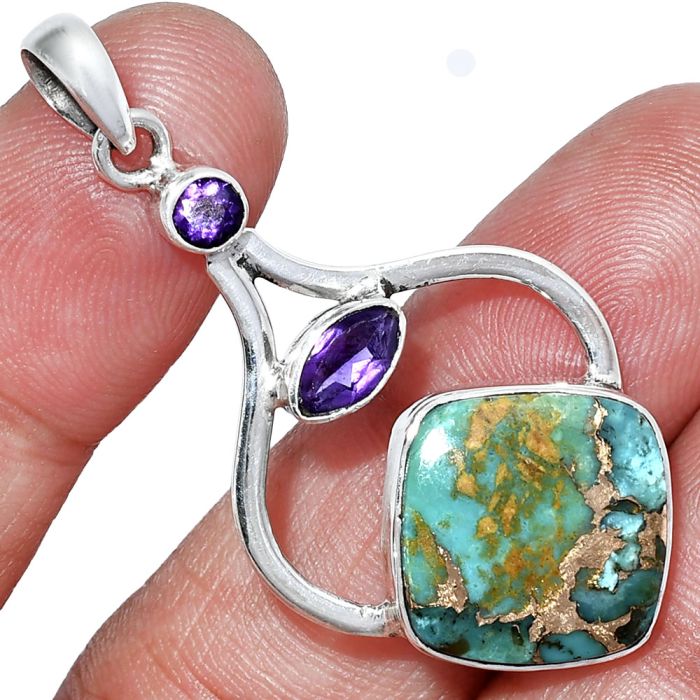 Kingman Copper Teal Turquoise and Amethyst Pendant SDP152745 P-1187, 15x15 mm