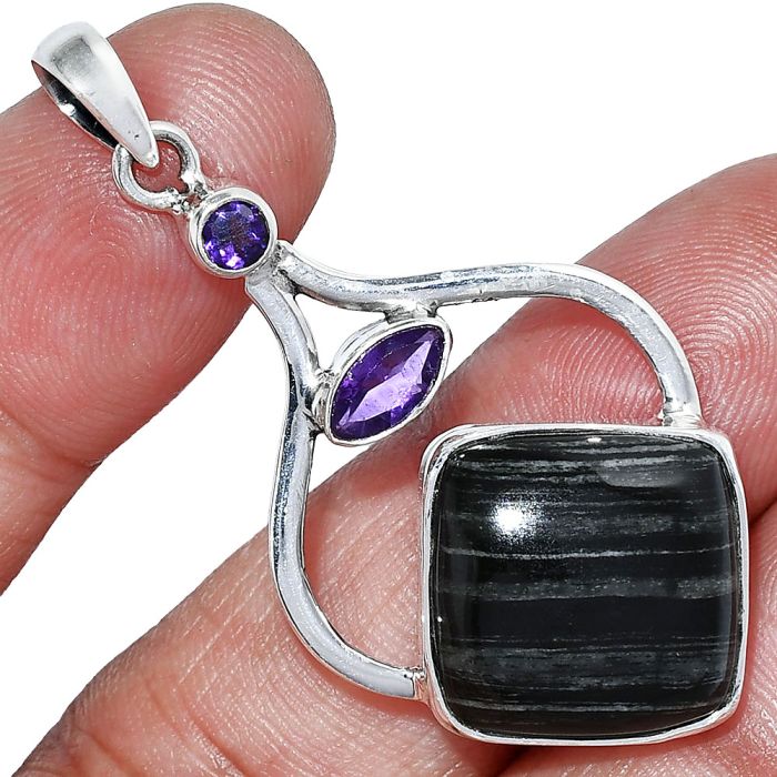 Silver Leaf Obsidian and Amethyst Pendant SDP152746 P-1187, 16x16 mm