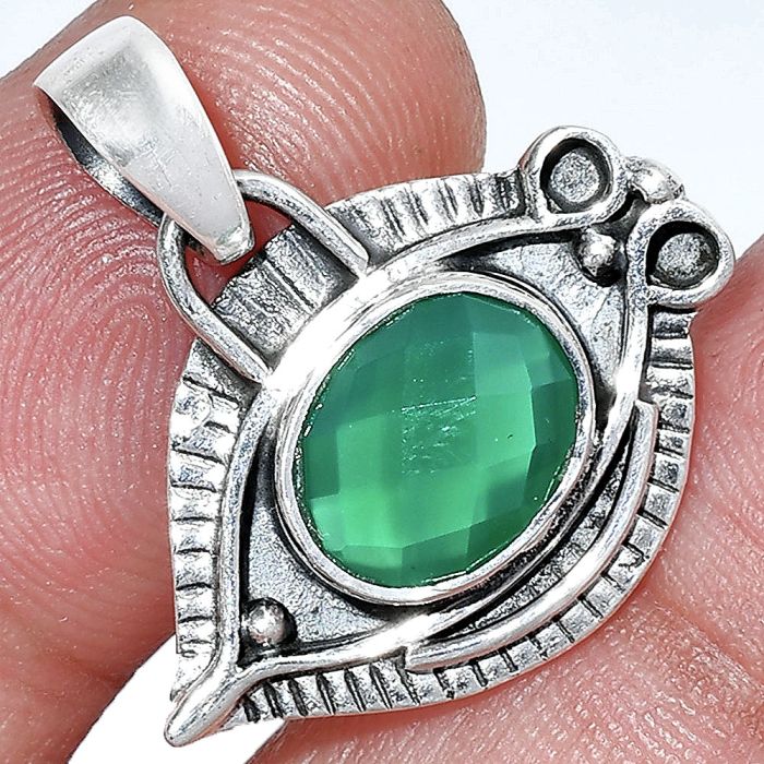 Evil Eye - Green Onyx Checker Briolette Pendant SDP152765 P-1112, 8x10 mm