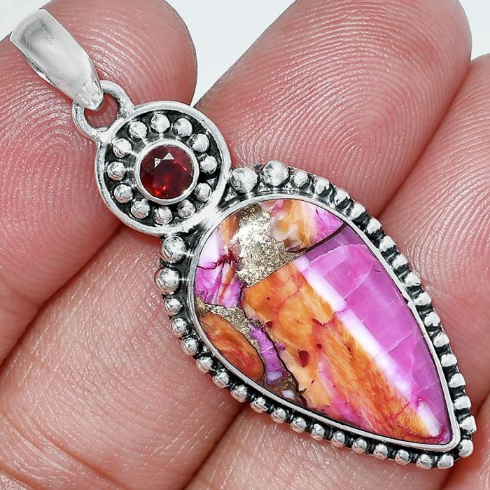 Kingman Orange Dahlia Turquoise and Garnet Pendant SDP152823 P-1500, 14x24 mm