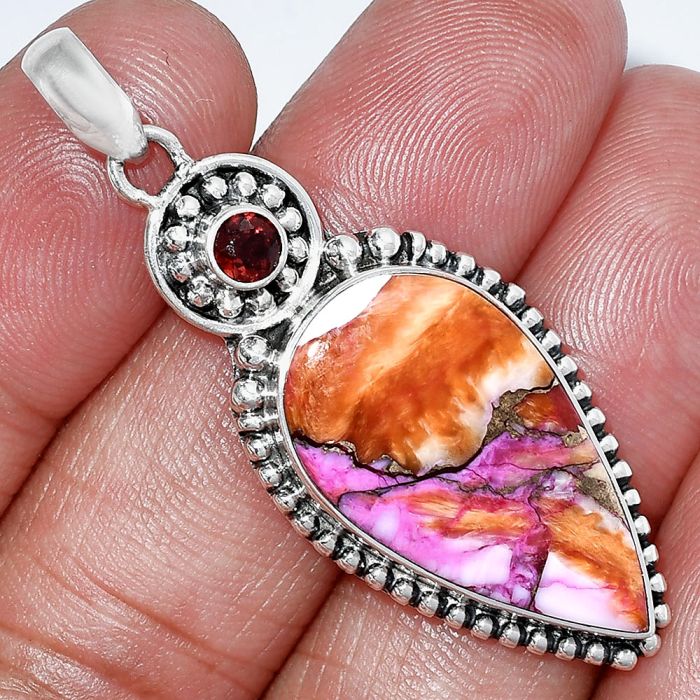 Kingman Orange Dahlia Turquoise and Garnet Pendant SDP152824 P-1500, 15x26 mm