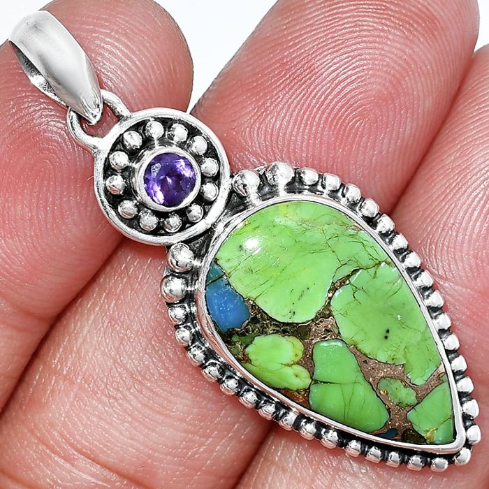 Blue Turquoise In Green Mohave and Amethyst Pendant SDP152828 P-1500, 14x23 mm