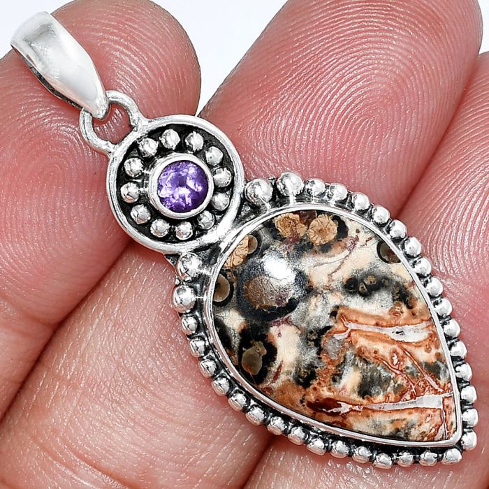 Leopard Skin Jasper and Amethyst Pendant SDP152831 P-1500, 14x21 mm