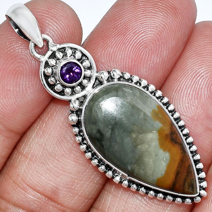 Polygram Jasper and Amethyst Pendant SDP152834 P-1500, 14x26 mm