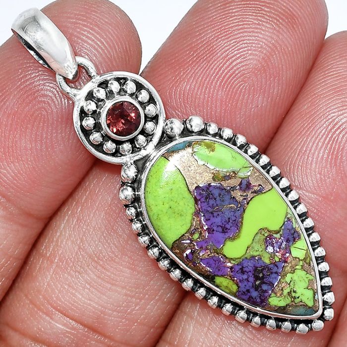 Multi Copper Turquoise and Garnet Pendant SDP152835 P-1500, 13x24 mm