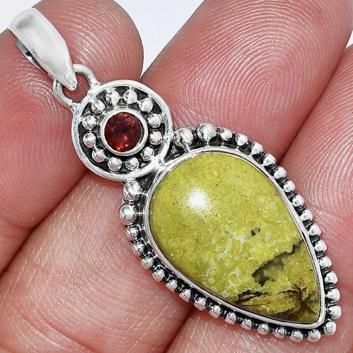 Green Opal Madagascar and Garnet Pendant SDP152848 P-1500, 13x21 mm