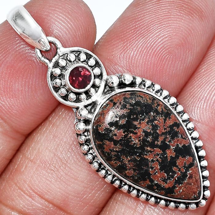 Fireworks Obsidian and Garnet Pendant SDP152864 P-1500, 14x23 mm