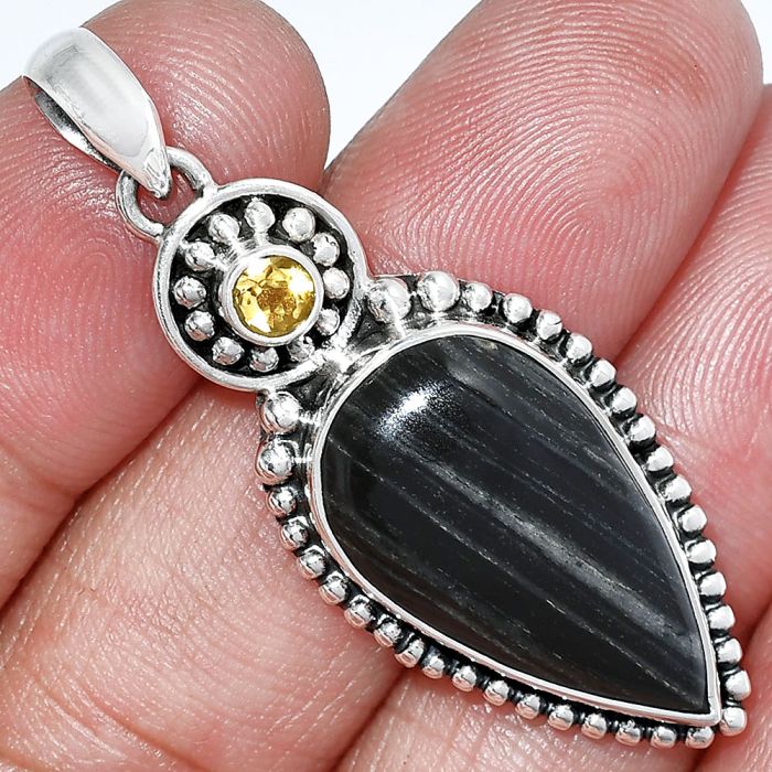 Silver Leaf Obsidian and Citrine Pendant SDP152869 P-1500, 13x23 mm