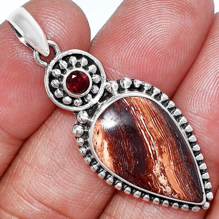 Snake Skin Jasper and Garnet Pendant SDP152877 P-1500, 14x22 mm