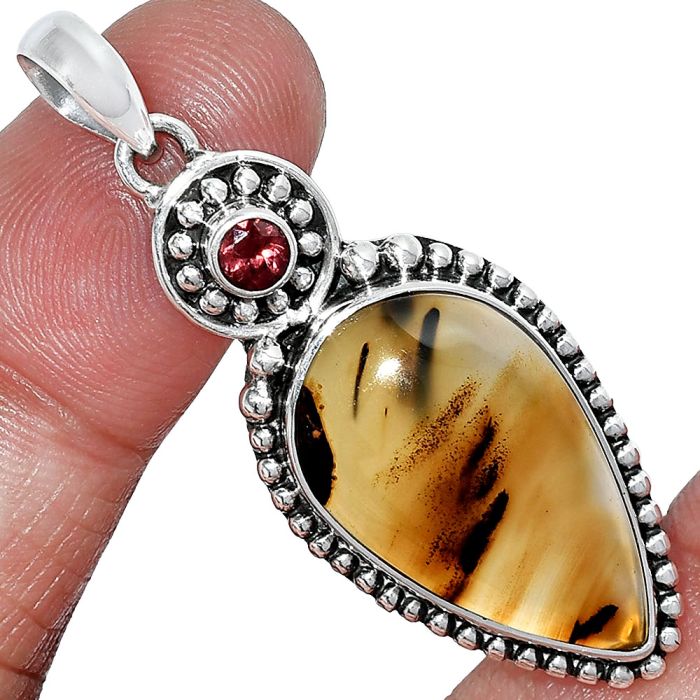 Montana Agate and Garnet Pendant SDP152879 P-1500, 14x24 mm