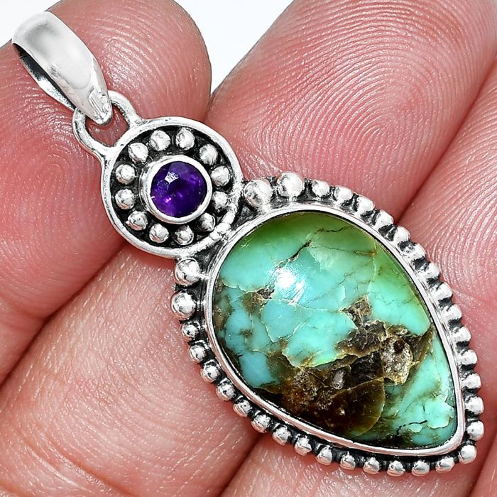 Natural Rare Turquoise Nevada Aztec Mt and Amethyst Pendant SDP152880 P-1500, 14x21 mm