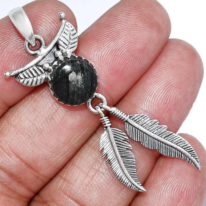 Feather - Silver Leaf Obsidian Pendant SDP152892 P-1284, 10x10 mm