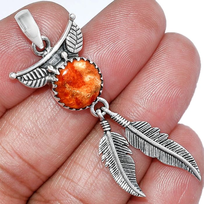 Feather - Red Sponge Coral Pendant SDP152897 P-1284, 11x11 mm