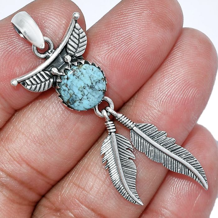 Feather - Natural Turquoise Morenci Mine Pendant SDP152899 P-1284, 10x10 mm